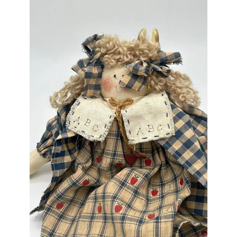 Vintage Rag Doll Plaid Dress ABC Collar Primitive Country Cloth Doll Americana